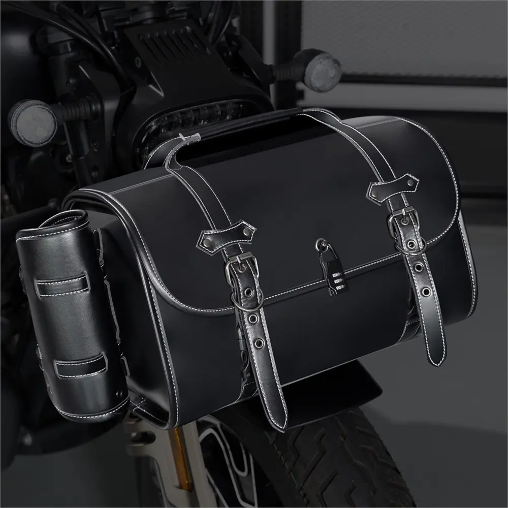 Motorcycle Saddle Bag Black PU Leather Universal Motorbike Waterproof Travel Rider Luggage Bag Helmet Storage Bag Large Capacity
