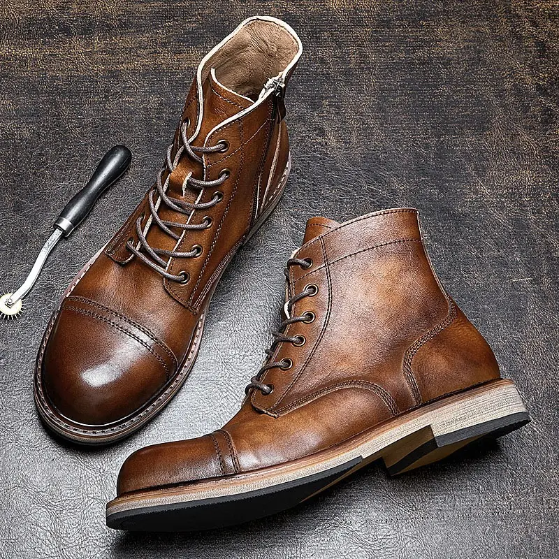 EU Size 38-44 Motorcycle Boots Men Cowhide Motorbike Ankle Boots Thick Soled High Top Western Work Boots Fashion Leather Shoes