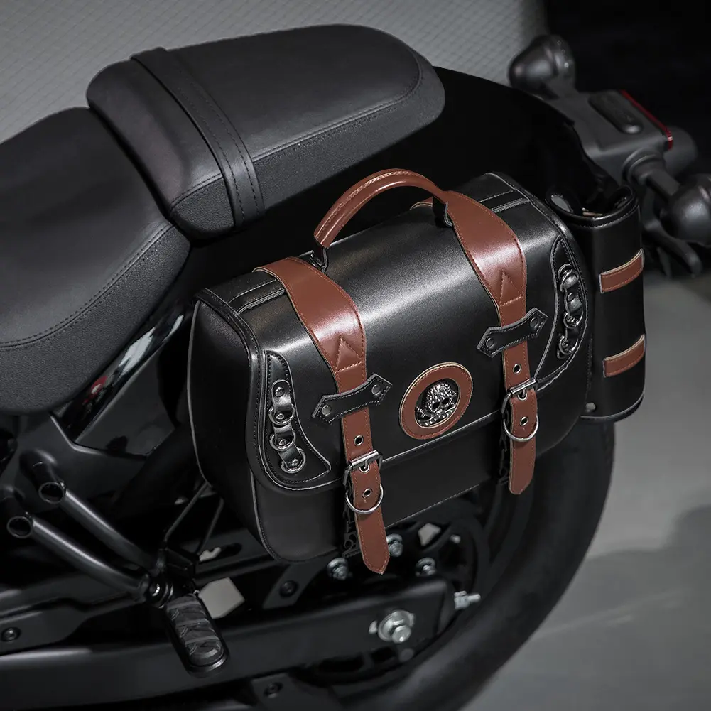 Leather Motorcycle Retro Saddlebags Universal Waterproof Motorbike Side Tool Bag Motorcycle Luggage Pouch With Cup Holder