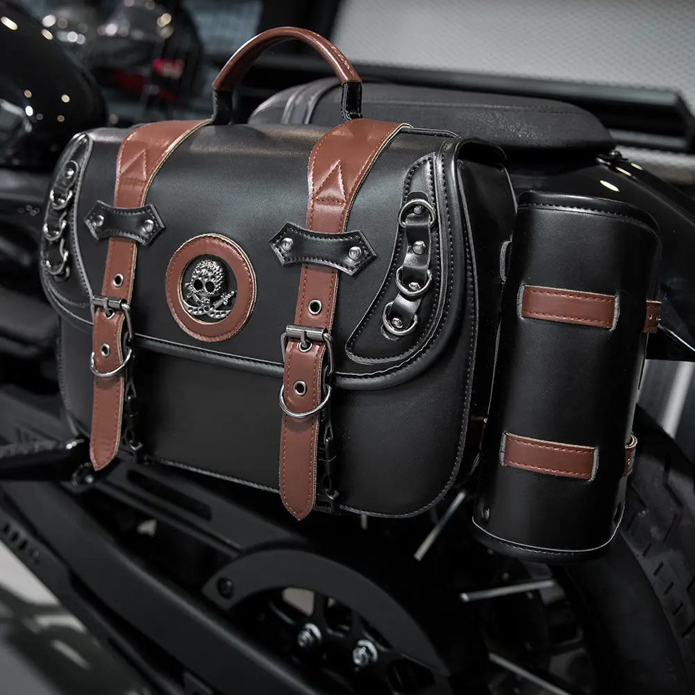 Leather Motorcycle Retro Saddlebags Universal Waterproof Motorbike Side Tool Bag Motorcycle Luggage Pouch With Cup Holder