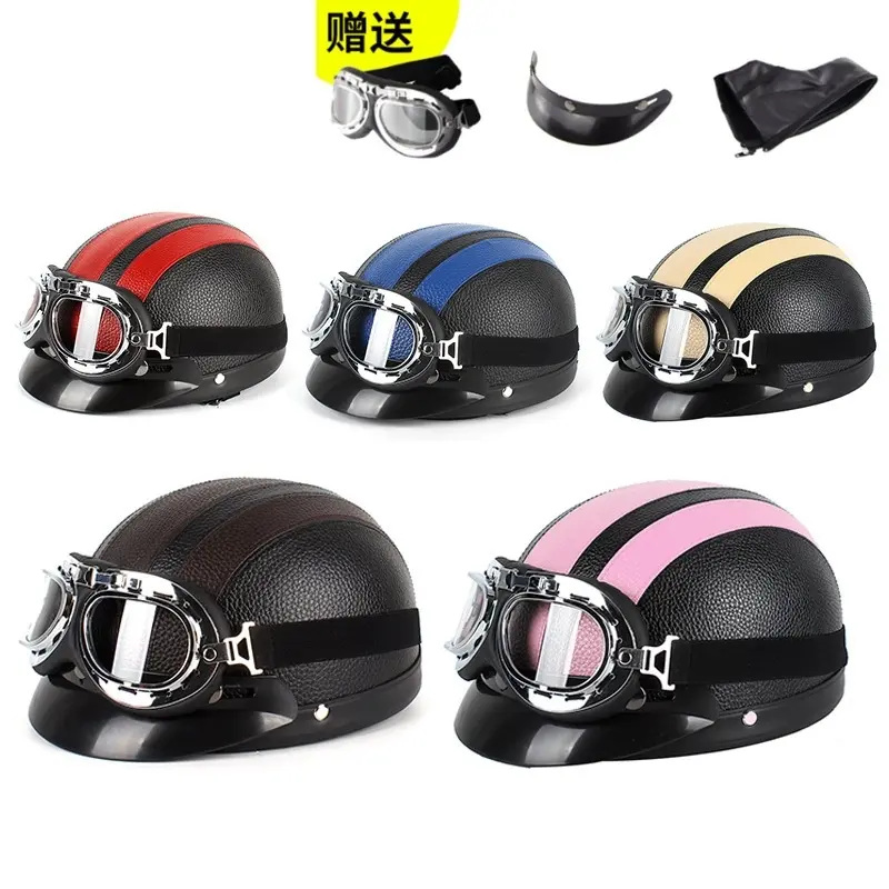 Motorcycle Safety Helmet Fashion Moto Half Helemet PU Leather Vintage Motor Electric Scooter Goggles Half Helmets DOT Approved