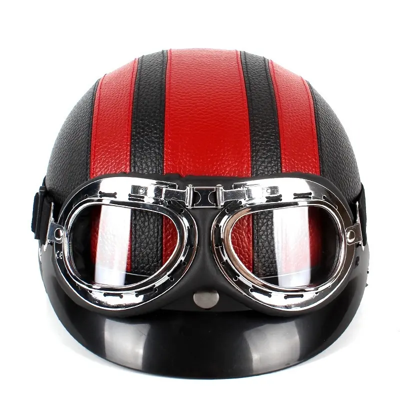 Motorcycle Safety Helmet Fashion Moto Half Helemet PU Leather Vintage Motor Electric Scooter Goggles Half Helmets DOT Approved