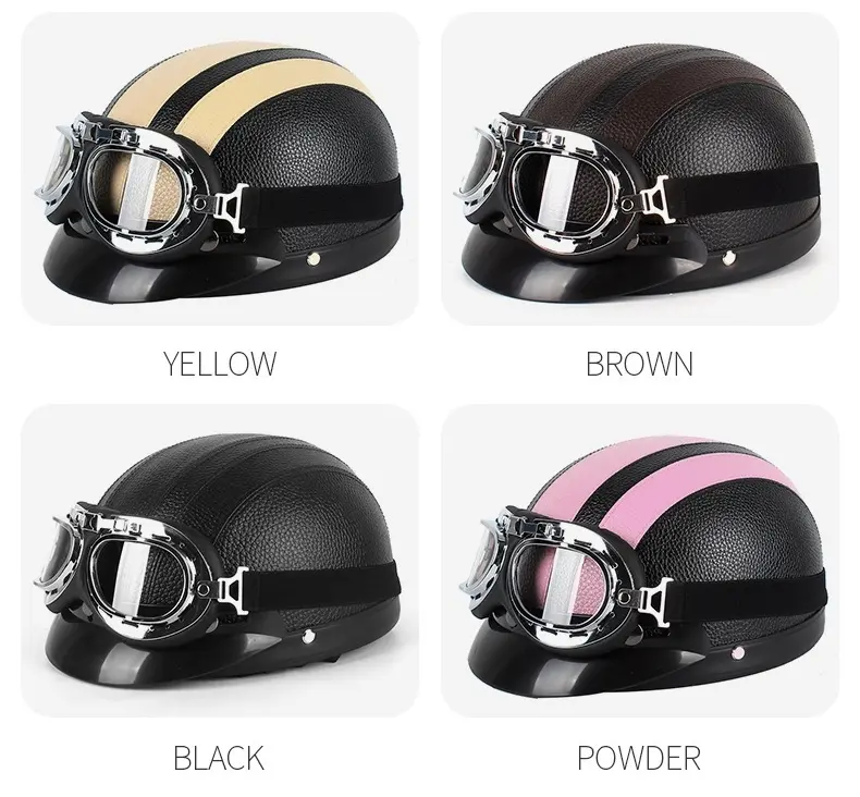 Motorcycle Safety Helmet Fashion Moto Half Helemet PU Leather Vintage Motor Electric Scooter Goggles Half Helmets DOT Approved