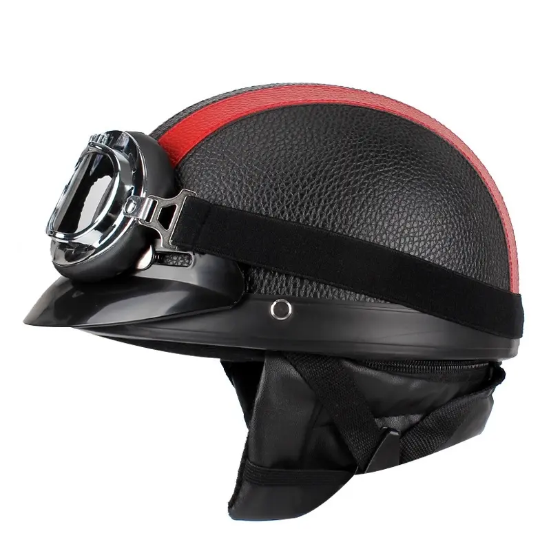 Motorcycle Safety Helmet Fashion Moto Half Helemet PU Leather Vintage Motor Electric Scooter Goggles Half Helmets DOT Approved